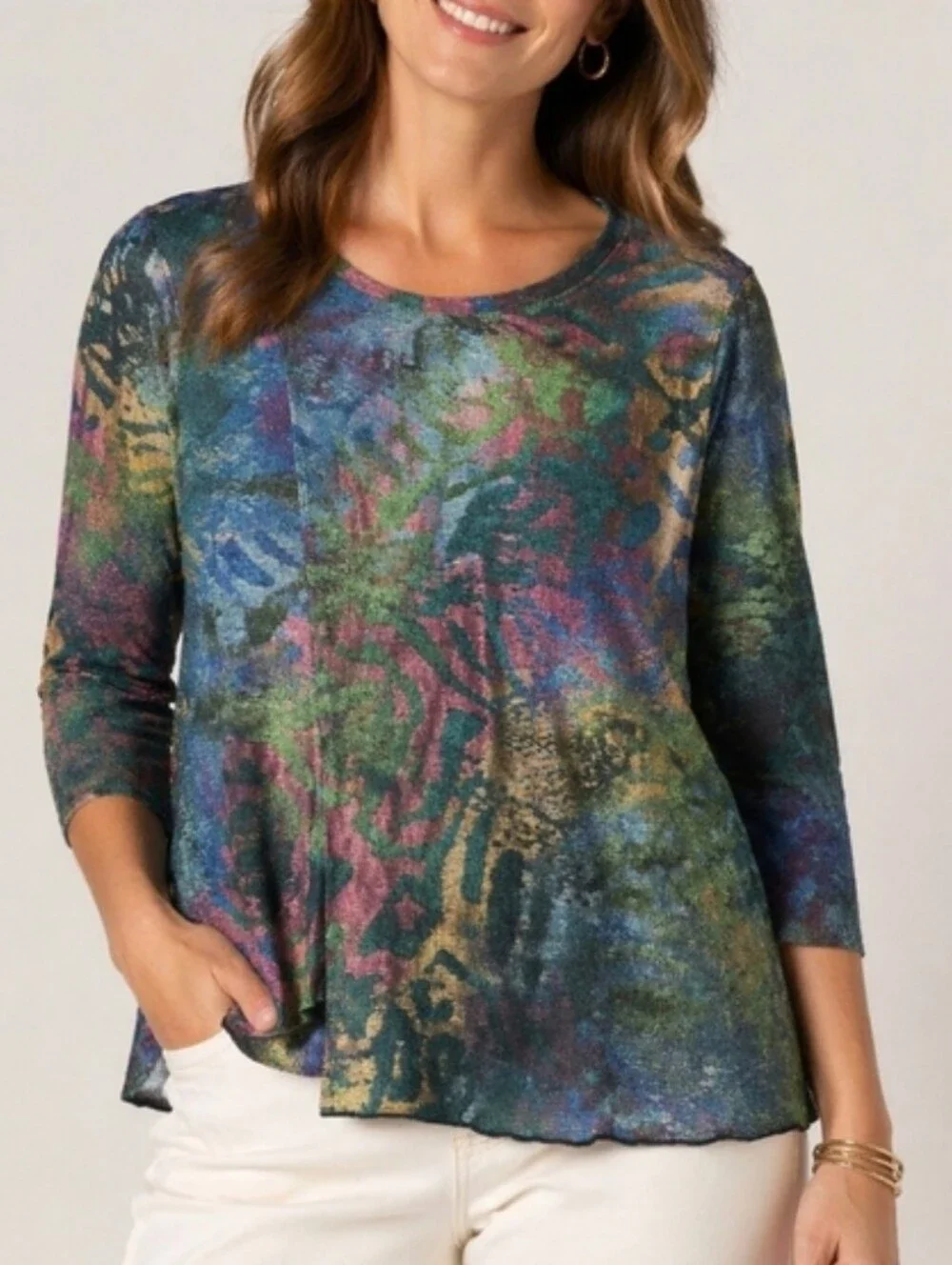 ALI MILES | Abstract Burnout Asymmetrical Semi Sheer Artsy Tunic Top | Petite XL